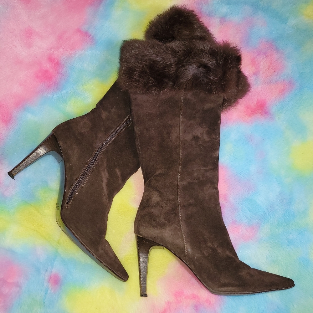 Fox fur suede chocolate high heel boots